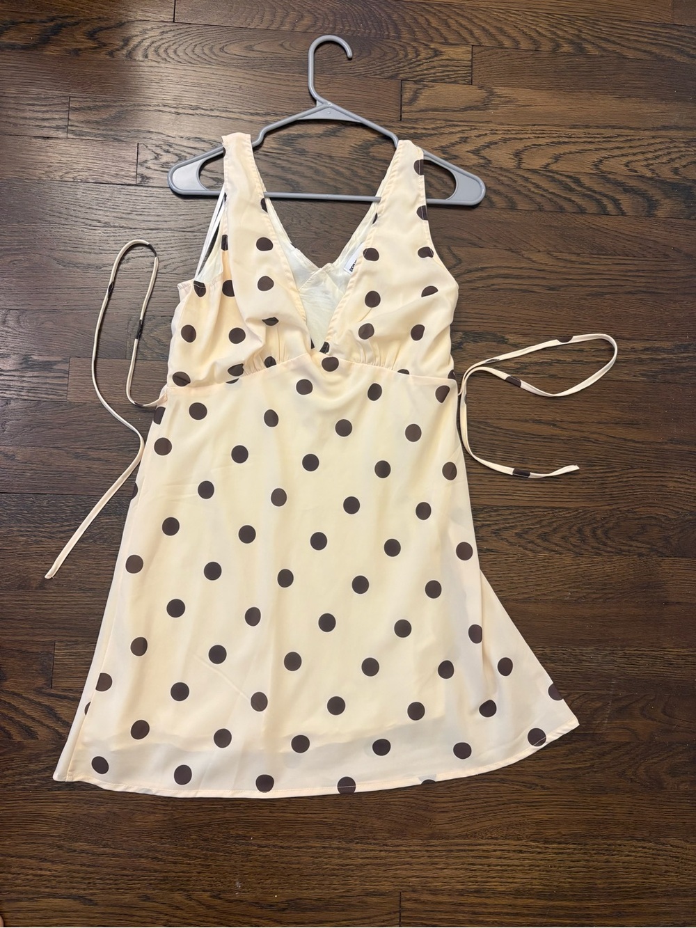 Polka Dot V-Neck Mini Dress - Light Yellow with Brown Dots
